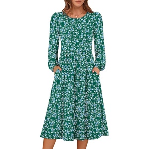 image:imageANRABESS Women Long Sleeve Midi Dress Crewneck Fall Fashion Casual Flowy ALine Long Dresses Vacation Outfit with PocketGreen Blue Floral