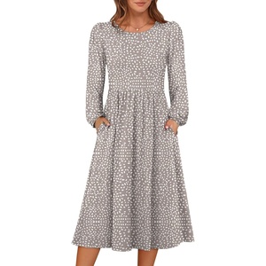 image:imageANRABESS Women Long Sleeve Midi Dress Crewneck Fall Fashion Casual Flowy ALine Long Dresses Vacation Outfit with PocketGrey Khaki White Dot