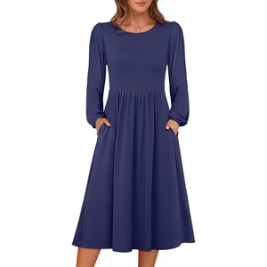 image:imageANRABESS Women Long Sleeve Midi Dress Crewneck Fall Fashion Casual Flowy ALine Long Dresses Vacation Outfit with PocketNavy Blue