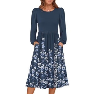 image:imageANRABESS Women Long Sleeve Midi Dress Crewneck Fall Fashion Casual Flowy ALine Long Dresses Vacation Outfit with PocketNavy Blue Floral Hem