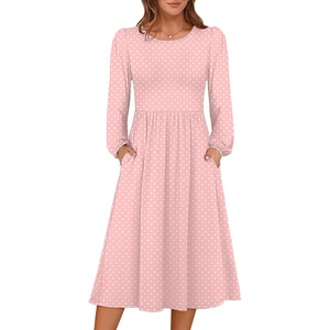 image:imageANRABESS Women Long Sleeve Midi Dress Crewneck Fall Fashion Casual Flowy ALine Long Dresses Vacation Outfit with PocketPink Round Dot