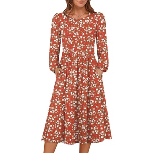 image:imageANRABESS Women Long Sleeve Midi Dress Crewneck Fall Fashion Casual Flowy ALine Long Dresses Vacation Outfit with PocketPrint Green White Floral
