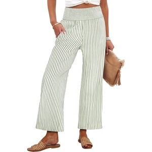 image:imageANRABESS Women Striped Gingham Wide Leg Palazzo Pants Casual Lounge Cropped PJ Bottoms Comfy Cute Plaid Pants with PocketsArmy Green White Stripe Stripe