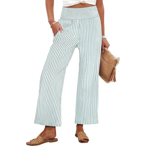 image:imageANRABESS Women Striped Gingham Wide Leg Palazzo Pants Casual Lounge Cropped PJ Bottoms Comfy Cute Plaid Pants with PocketsGreen White Stripe Stripe