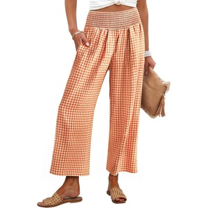 image:imageANRABESS Women Striped Gingham Wide Leg Palazzo Pants Casual Lounge Cropped PJ Bottoms Comfy Cute Plaid Pants with PocketsOrange White Plaid Stripe