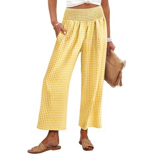 image:imageANRABESS Women Striped Gingham Wide Leg Palazzo Pants Casual Lounge Cropped PJ Bottoms Comfy Cute Plaid Pants with PocketsYellow White Plaid Stripe