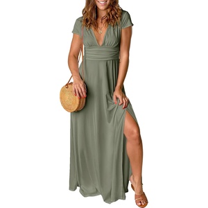 image:imageANRABESS Women Summer Deep V Neck Short Sleeve Dresses Slit Elegant Wedding Guest Formal Cocktail Evening Maxi Long DressShort Sleeve Army Green
