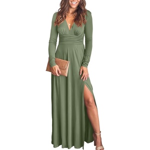 image:imageANRABESS Women Summer Deep V Neck Short Sleeve Dresses Slit Elegant Wedding Guest Formal Cocktail Evening Maxi Long DressZlong Sleeve Army Green