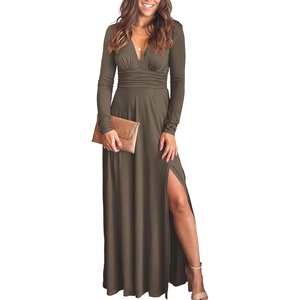 image:imageANRABESS Women Summer Deep V Neck Short Sleeve Dresses Slit Elegant Wedding Guest Formal Cocktail Evening Maxi Long DressZlong Sleeve Brown