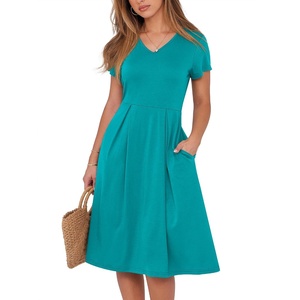image:imageANRABESS Women Summer Dress Casual Short Sleeve V Neck ALine Knee Length Pleated Flowy 2026 Fashion Midi Dresses with PocketLake