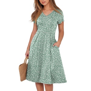image:imageANRABESS Women Summer Dress Casual Short Sleeve V Neck ALine Knee Length Pleated Flowy 2026 Fashion Midi Dresses with PocketLight Green Floral