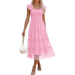 image:imageANRABESS Women Summer Floral Midi Dress Sleeveless Boho Flowy Smocked RuffleTulle Beach Vacation Wedding Guest Party DressesPink