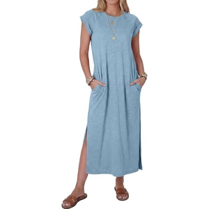 image:imageANRABESS Women Summer Maxi Dress 2026 Casual Loose Cap Sleeve Crewneck Split Beach Vacation Long Sundress with PocketsGrey Blue