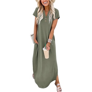 image:imageANRABESS Women Summer Maxi Dress Casual Short Sleeve V Neck Button Up Loose Split Travel Dresses 2026 Beach Vacation SundressArmy Green