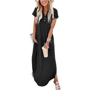 image:imageANRABESS Women Summer Maxi Dress Casual Short Sleeve V Neck Button Up Loose Split Travel Dresses 2026 Beach Vacation SundressBlack