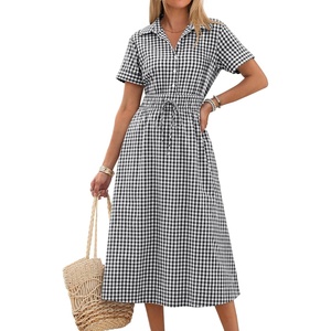 image:imageANRABESS Women Summer Short Sleeve Midi Dress Striped amp Gingham Casual ALine Button Collar Shirt Dress Beach amp VacationBlack White Plaid