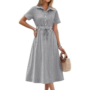 image:imageANRABESS Women Summer Short Sleeve Midi Dress Striped amp Gingham Casual ALine Button Collar Shirt Dress Beach amp VacationBlack White Stripe
