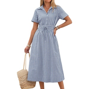 image:imageANRABESS Women Summer Short Sleeve Midi Dress Striped amp Gingham Casual ALine Button Collar Shirt Dress Beach amp VacationBlue White Plaid