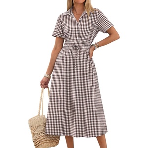 image:imageANRABESS Women Summer Short Sleeve Midi Dress Striped amp Gingham Casual ALine Button Collar Shirt Dress Beach amp VacationBrown White Plaid