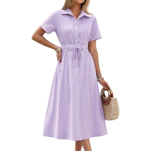 image:imageANRABESS Women Summer Short Sleeve Midi Dress Striped amp Gingham Casual ALine Button Collar Shirt Dress Beach amp VacationPurple White Stripe