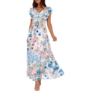 image:imageANRABESS Women V Neck Ruffle Sleeve Floral Pleated Maxi Dresses Summer Boho Belt Empire Waist Wedding Guest Party Flowy DressFloral Blue Pink