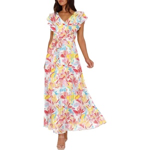 image:imageANRABESS Women V Neck Ruffle Sleeve Floral Pleated Maxi Dresses Summer Boho Belt Empire Waist Wedding Guest Party Flowy DressFloral Pink Yellow