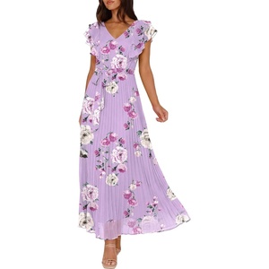 image:imageANRABESS Women V Neck Ruffle Sleeve Floral Pleated Maxi Dresses Summer Boho Belt Empire Waist Wedding Guest Party Flowy DressFloral Purple Rose