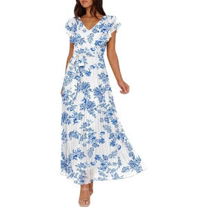 image:imageANRABESS Women V Neck Ruffle Sleeve Floral Pleated Maxi Dresses Summer Boho Belt Empire Waist Wedding Guest Party Flowy DressWhitebased Blue Flower