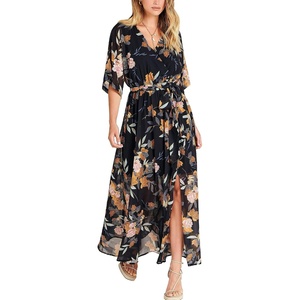 image:imageANRABESS Womens 12 Sleeve Beach Wedding Guest Maxi Dresses 2026 Summer Wrap V Neck Boho Floral Flowy Slit Long DressesFloral Black Yellow