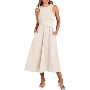 image:imageANRABESS Womens 2026 Summer Casual Maxi Dress A line Tiered Flowy Sleeveless Crewneck T Shirt Beach Travel Long DressesApricot
