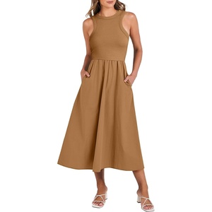 image:imageANRABESS Womens 2026 Summer Casual Maxi Dress A line Tiered Flowy Sleeveless Crewneck T Shirt Beach Travel Long DressesCaramel