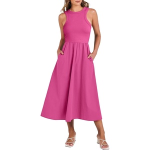 image:imageANRABESS Womens 2026 Summer Casual Maxi Dress A line Tiered Flowy Sleeveless Crewneck T Shirt Beach Travel Long DressesHot Pink