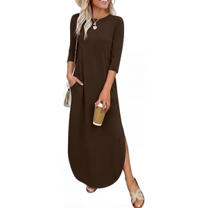 image:imageANRABESS Womens 34 Sleeve Maxi Dress amp Pockets  Soft Wrinkle Resistance FabricCasual LooseCrewneck SplitTravel Vacation Work AllDay WearFall Spring Transition OutfitsBrown