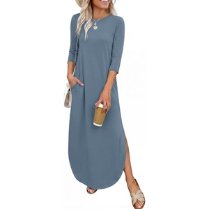 image:imageANRABESS Womens 34 Sleeve Maxi Dress amp Pockets  Soft Wrinkle Resistance FabricCasual LooseCrewneck SplitTravel Vacation Work AllDay WearFall Spring Transition OutfitsGrey Blue