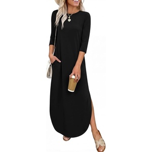image:imageANRABESS Womens 34 Sleeve Maxi Dress amp Pockets  Soft Wrinkle Resistance FabricCasual LooseCrewneck SplitTravel Vacation Work AllDay WearFall Spring Transition OutfitsBlack