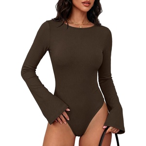 image:imageANRABESS Womens Bell Sleeve Bodysuits Top  Crew Neck Flare Long Sleeve Body SuitsSlim FitSoft Rib Knit Fall Winter LayerTee Shirts Style Casual Work amp Daily WearCoffee