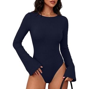 image:imageANRABESS Womens Bell Sleeve Bodysuits Top  Crew Neck Flare Long Sleeve Body SuitsSlim FitSoft Rib Knit Fall Winter LayerTee Shirts Style Casual Work amp Daily WearNavy Blue