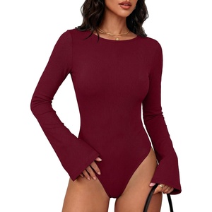 image:imageANRABESS Womens Bell Sleeve Bodysuits Top  Crew Neck Flare Long Sleeve Body SuitsSlim FitSoft Rib Knit Fall Winter LayerTee Shirts Style Casual Work amp Daily WearWine Red