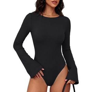 image:imageANRABESS Womens Bell Sleeve Bodysuits Top  Crew Neck Flare Long Sleeve Body SuitsSlim FitSoft Rib Knit Fall Winter LayerTee Shirts Style Casual Work amp Daily WearBlack