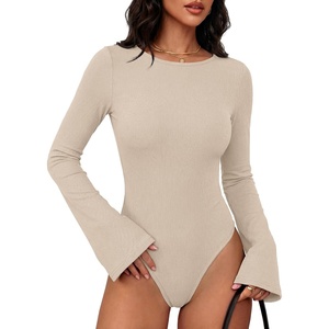 image:imageANRABESS Womens Bell Sleeve Bodysuits Top  Crew Neck Flare Long Sleeve Body SuitsSlim FitSoft Rib Knit Fall Winter LayerTee Shirts Style Casual Work amp Daily WearBeige