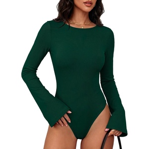 image:imageANRABESS Womens Bell Sleeve Bodysuits Top  Crew Neck Flare Long Sleeve Body SuitsSlim FitSoft Rib Knit Fall Winter LayerTee Shirts Style Casual Work amp Daily WearGreen