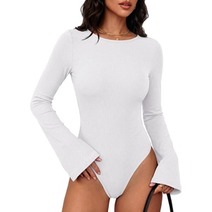 image:imageANRABESS Womens Bell Sleeve Bodysuits Top  Crew Neck Flare Long Sleeve Body SuitsSlim FitSoft Rib Knit Fall Winter LayerTee Shirts Style Casual Work amp Daily WearWhite