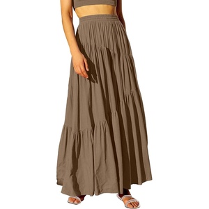 image:imageANRABESS Womens Boho Elastic High Waist Pleated ALine Flowy Swing Asymmetric Tiered Maxi Long Skirt Dress with PocketsCoffee