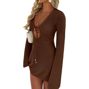 image:imageANRABESS Womens Crochet Swimsuit Cover Up V Neck Mesh Knit Beach Dress Long Sleeve Summer Vacation BeachwearBrown
