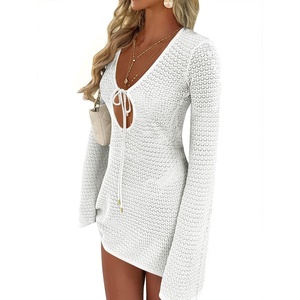 image:imageANRABESS Womens Crochet Swimsuit Cover Up V Neck Mesh Knit Beach Dress Long Sleeve Summer Vacation BeachwearOffwhite