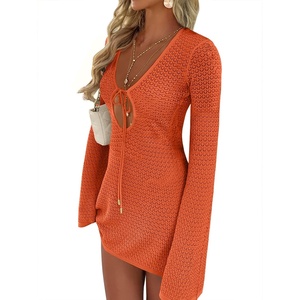 image:imageANRABESS Womens Crochet Swimsuit Cover Up V Neck Mesh Knit Beach Dress Long Sleeve Summer Vacation BeachwearOrange