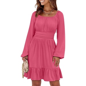 image:imageANRABESS Womens Dress Long Lantern Sleeve Square Neck Elastic Waist Ruffle Flowy Swing ALine Short Dresses 2026 Fall FashionHot Pink