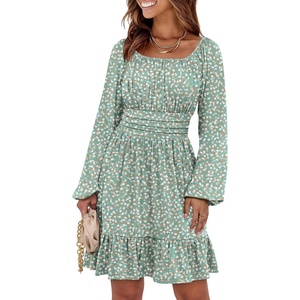 image:imageANRABESS Womens Dress Long Lantern Sleeve Square Neck Elastic Waist Ruffle Flowy Swing ALine Short Dresses 2026 Fall FashionPrint Orange White