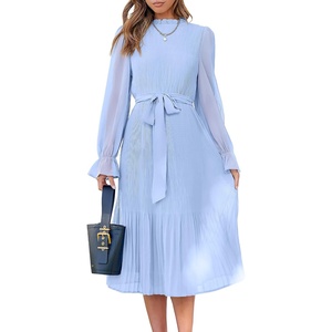 image:imageANRABESS Womens Floral Chiffon Midi Dress Puff Long Sleeve Mock Neck Summer Wedding Guest Party Dresses Fall 2026 OutfitsBlue