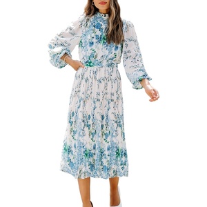 image:imageANRABESS Womens Floral Chiffon Midi Dress Puff Long Sleeve Mock Neck Summer Wedding Guest Party Dresses Fall 2026 OutfitsFloral Blue